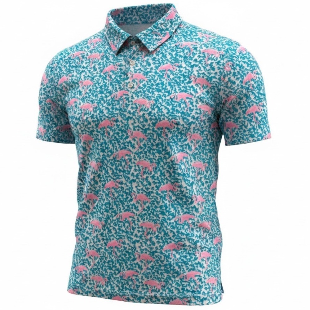 Chubbies Mens Performance Polo Shirt Flamingo Teal Pink Tropical Stretch Size M
